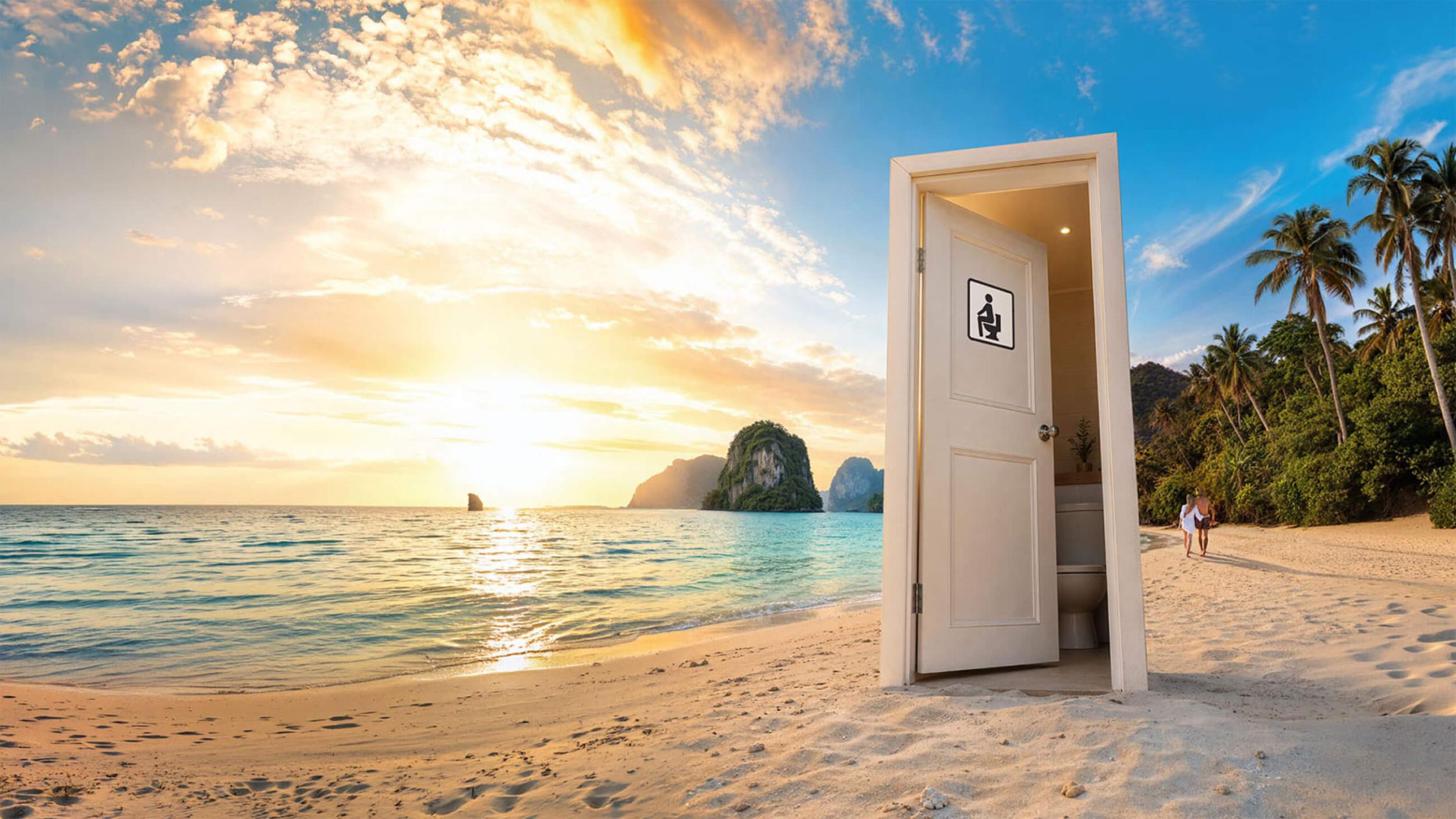 Toilet with door opened at a beach